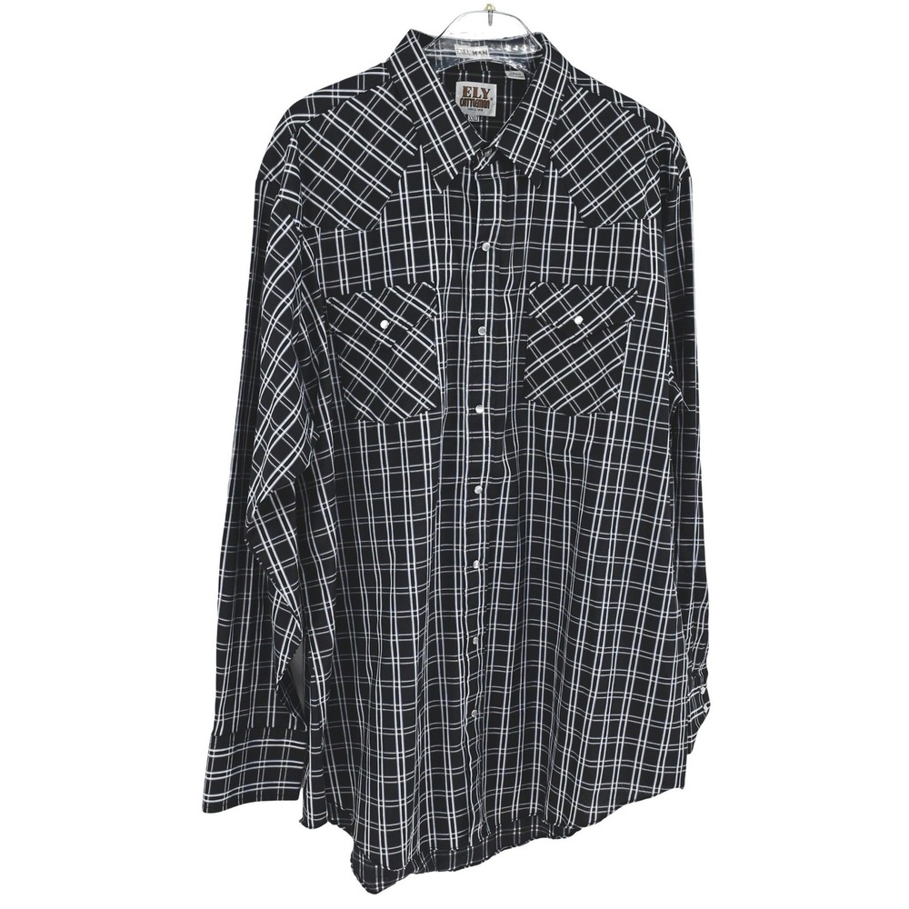 XXL Men's ELY CATTLEMAN Long Sleeve Black White Plaid Pearl Snap Western Shirt
